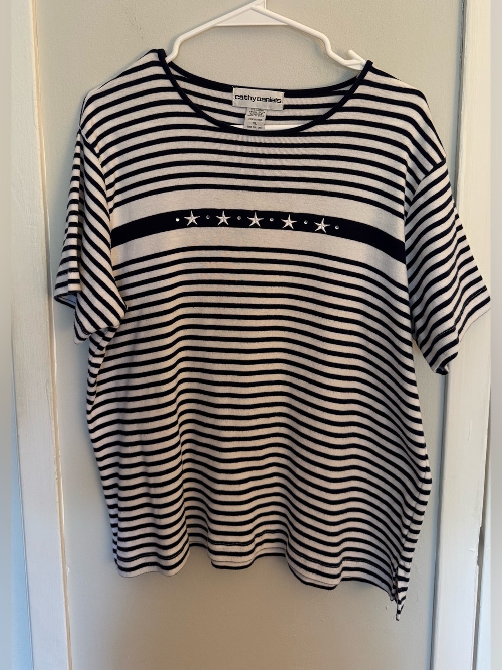 Cathy Daniels XL Navy White Striped Star Embellished Short Sleeve Top